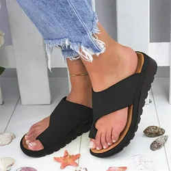 Women PU Leather Platform slippers women Comfortable Single Flat Sole Soft Ladies Finger Large Toe Orthodic Corrective Slides