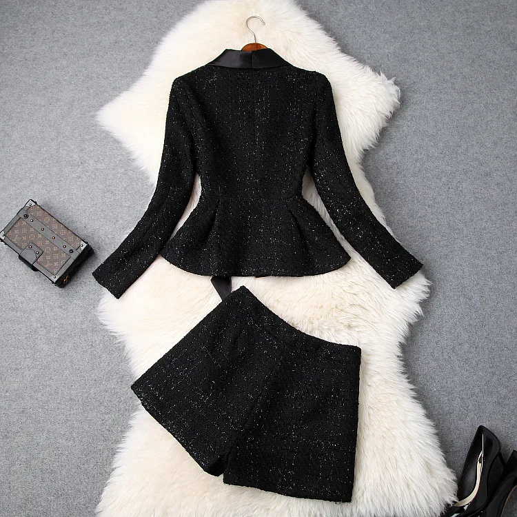 European and American women\'s 2021 winter clothing new  Long sleeve  A bow tie  coat  +  Shorts fashion  Tweed suit