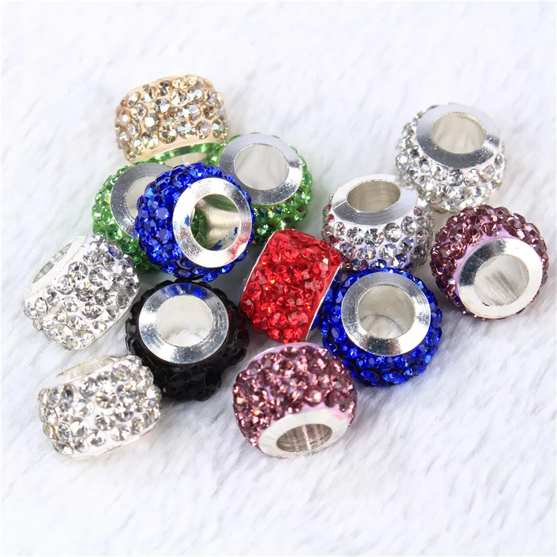 10Pcs/Lot New CZ Crystal Rhinestone European Large Hole Resin Glass Spacer Beads Charms Fit For Pandora Bracelets Jewelry Women