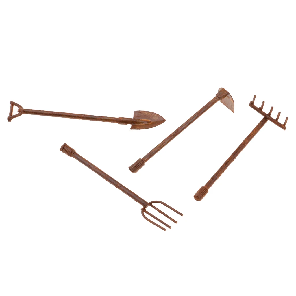 4 Pieces Dollhouse Miniature 1:12 Gardening Tools Metal Shovels and Pitchfork Furniture Set