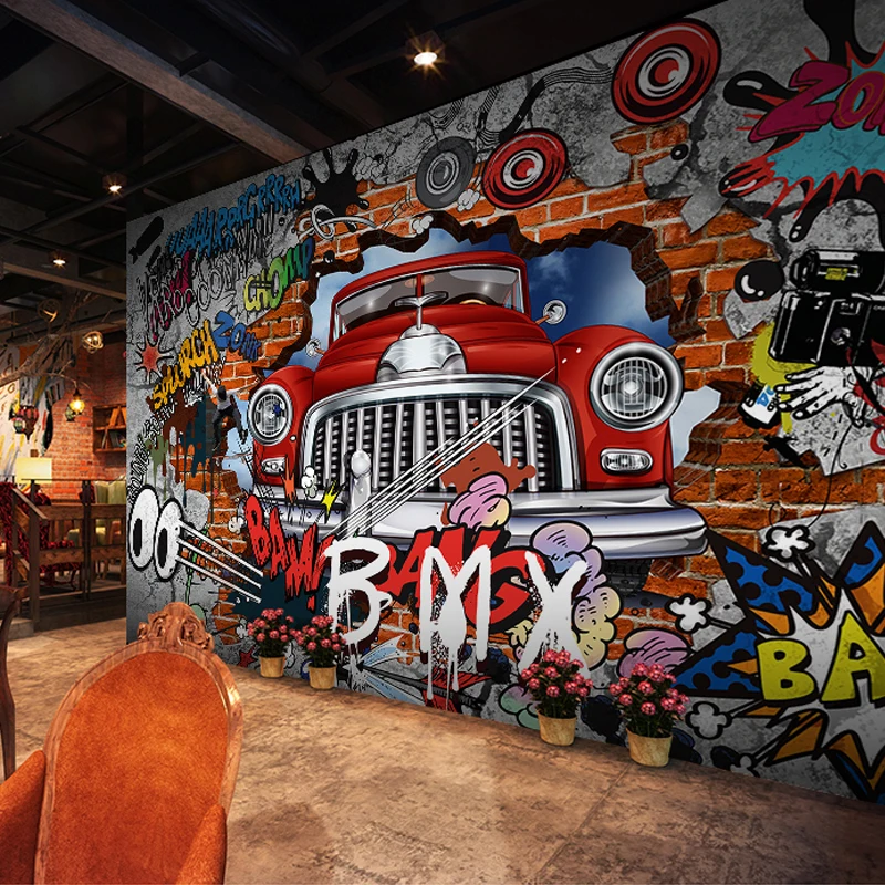 Graffiti mural de dessin animé 3D personnalisé pour garçons, peinture murale de voitures pour restaurant, décor de chambre à coucher, non tissé,