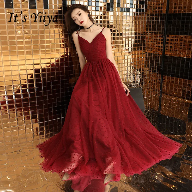 

It's YiiYa Evening Dress Sexy V-neck Pleat Dot Pattern Print Party Gown Fashion Spaghetti Strap Floor length Formal Dresses E040