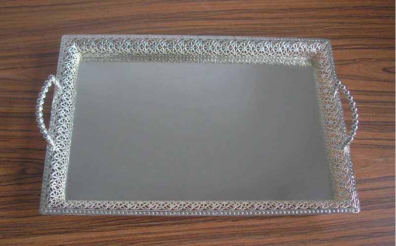 Large Rectangle Silver Plated Alloy Metal Serving Tray, Fruit Dish, Decorative Storage Tray, Floral Cut-out Handle, 60x40cm