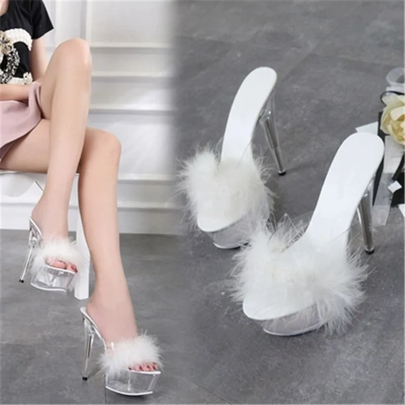 Transparent stiletto sandals, sexy 15 cm, feather uppers fashion dancer slippers