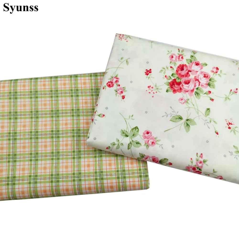 Syunss-floral print cotton fabric, pink, green, grid, DIY, handmade, sewing, patchwork, bedding, quilting, Tilda