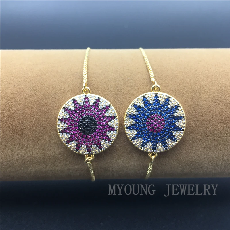 

MY1210 Turkish Style Charm Connector Pave Nano CZ Sun Flower Charm Bracelet with Adjustable Golden Chain