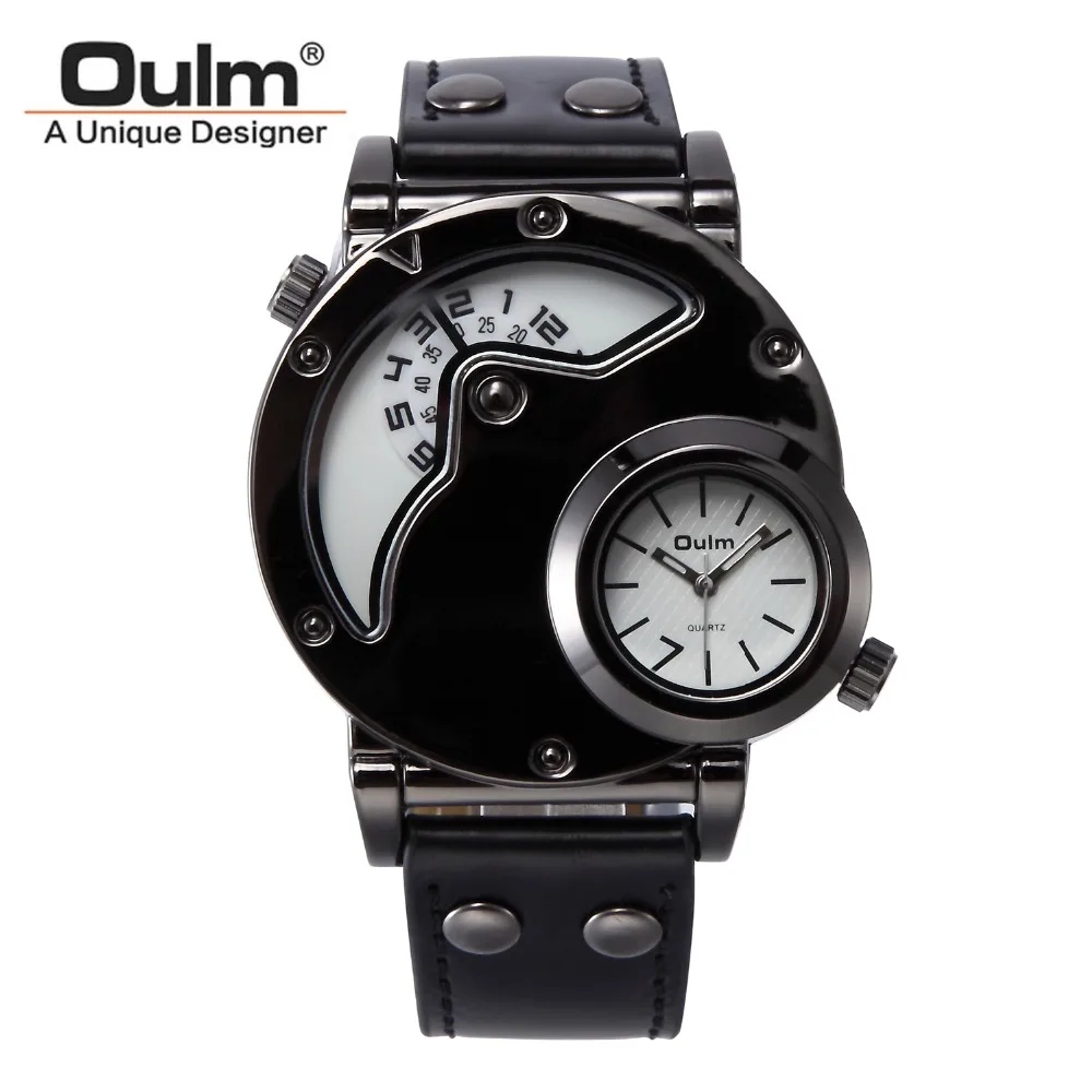 

OULM Brand HP9591 White Dial Watch Men Army Military Dual Time Movement Mens Leather Starp Quartz Wrist Watch relogio masculino