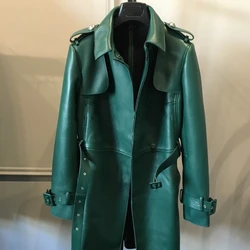 Dark Green Womens Sheepskin Genuine Leather Jacket Street Style Classic Double Breasted Slim Fit Long Windbreaker Runway Coat