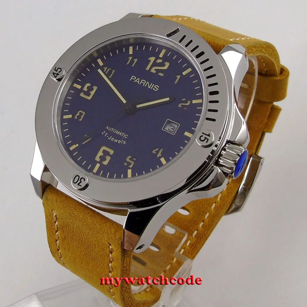 Luxury Brand Men\'s Watch Automatic Parnis 43mm blue dial super luminous date 8215 Automatic Mechanical mens Watches Wrist Watch