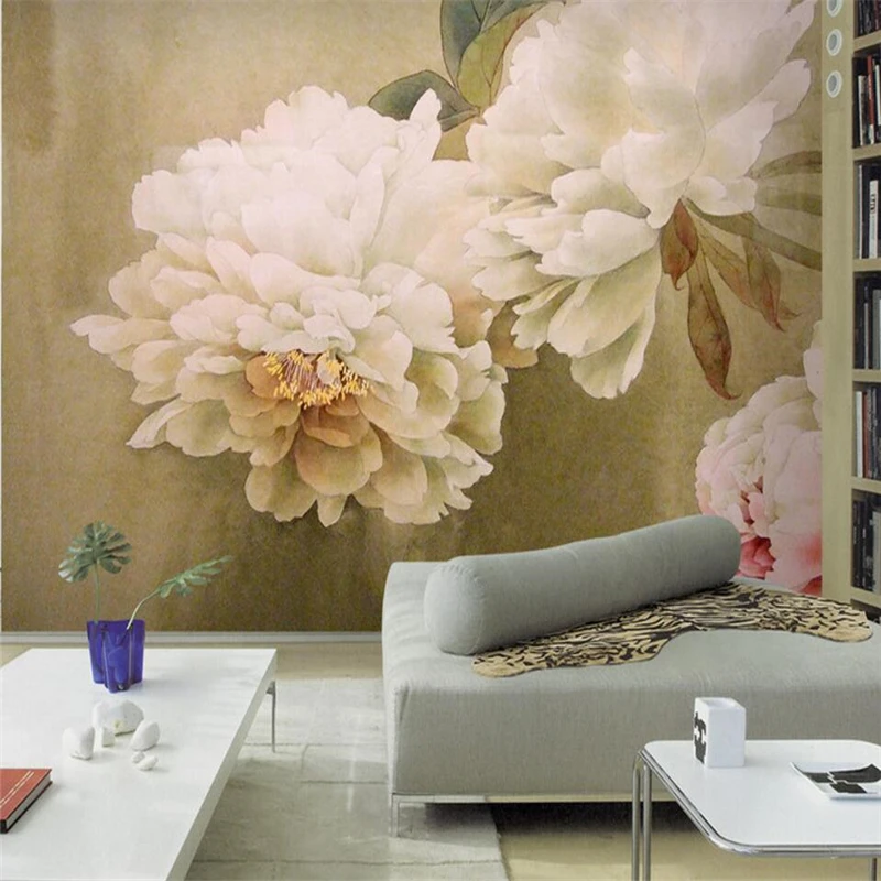 beibehang Elegant and elegant strokes Peony flowers living room TV backdrop custom large mural green silk wallpaper