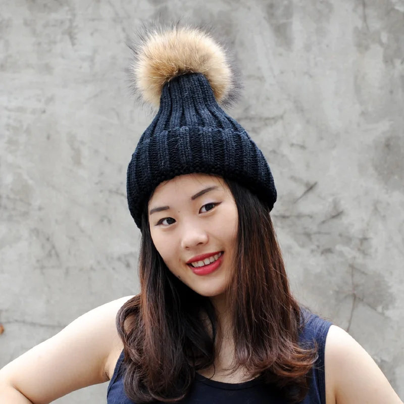 

FREE SHIPPING CX-C-237A Women Winter Hats Wholesale Custom Caps With Large Raccoon Fur Pom Poms Fashion Kintted Warm Hat