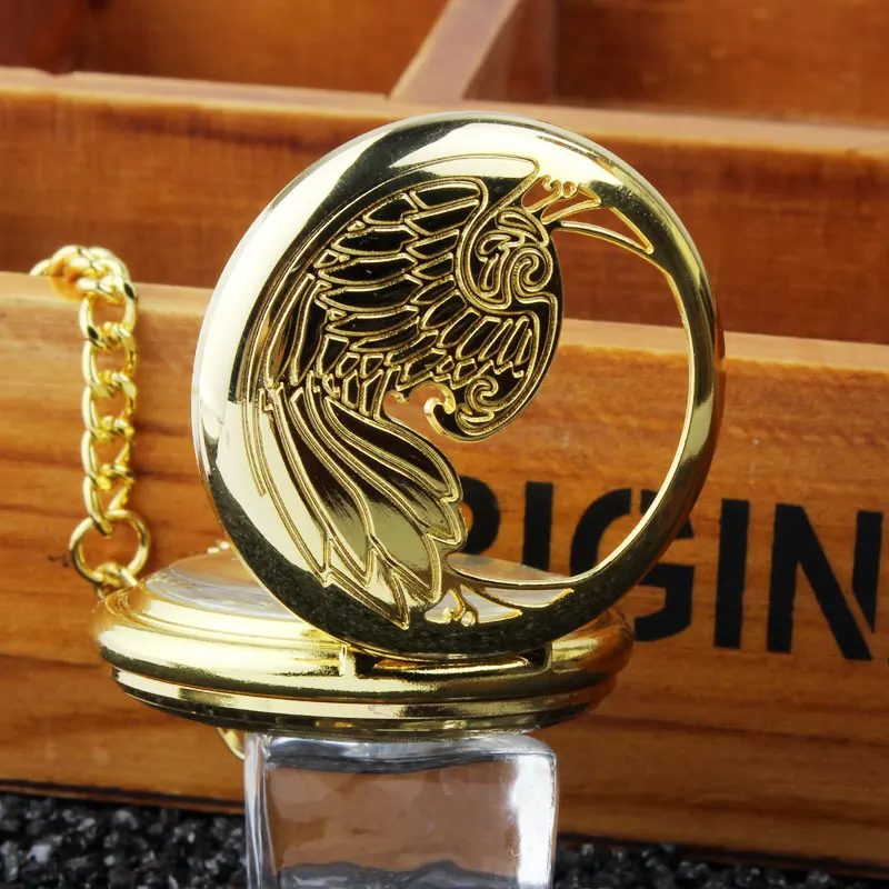 Retro Luxury Gold Silver Semi-hollow Phoenix Wing Carving Case Skeleton Hand Wind Mechanical Pocket fob Watches Men Gift Bag