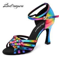 Latin salsa shoes lady Ladingwu Rainbow Color 2019 PU 9cm Heel Ballroom Latin Dance Shoes women New Brand