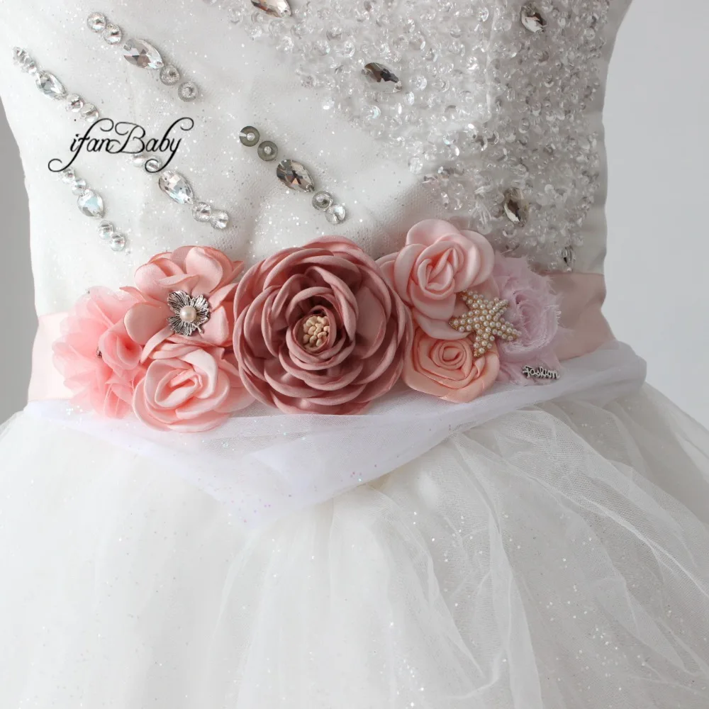 

Peach Beige sash belt Beach Flower Sash for Bridal wedding with rhinestone flower headband Maternity WOMEN flower belt