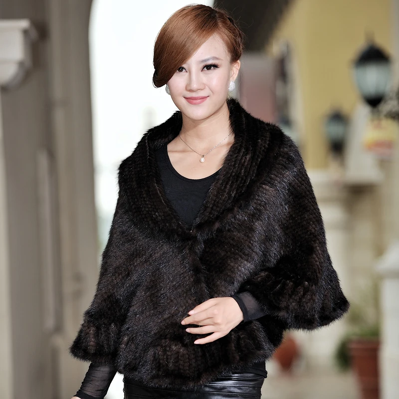 

Autumn Winter Women's Genuine Natural Knitted Mink Fur Shawl Ruffle Hem Wraps Lady Pashmina Poncho VF0345