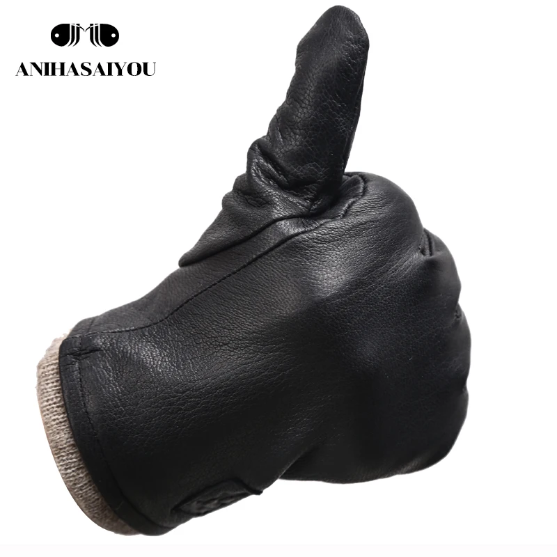 New Winter man sheepskin men\'s winter gloves,warm soft winter leather gloves men,black Warm lining mens leather gloves-8011A