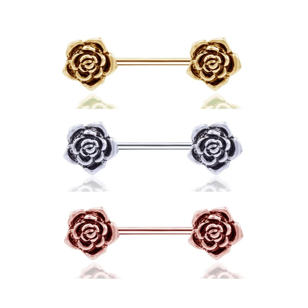 Starbeauty 2pcs Rose Nipple Ring Helix Earring 14G Barbell Nipple Piercing Tongue Rings Mamilo Stainless Steel Pircing Jewelry