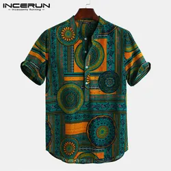 Men Shirt Ethnic Style Print Short Sleeve Stand Collar Camisa Masculina Casual Tops Streetwear Men Hawaiian Shirts 2023 INCERUN