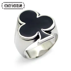 Punk 316L Stainless Steel Silver Color Black Enamel Playing Cards Poker Club Ring Jewelry
