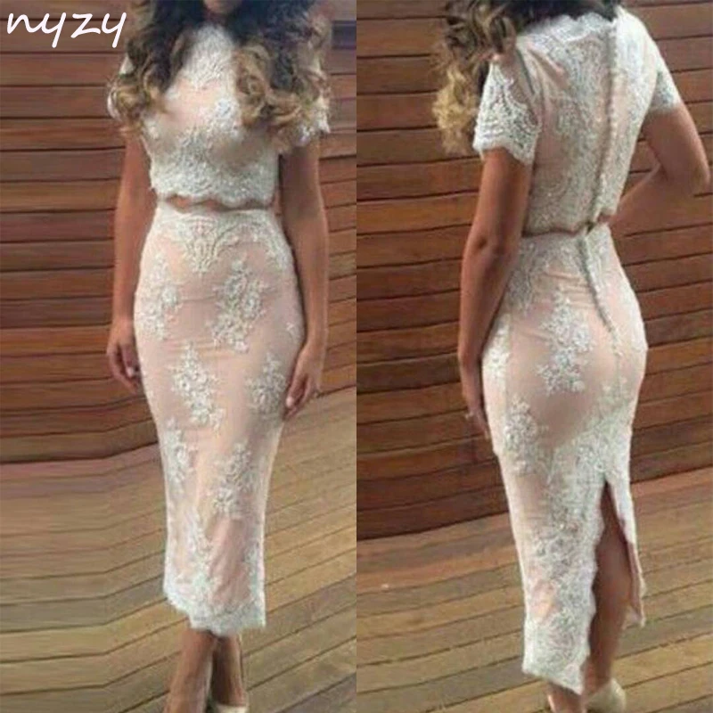 NYZY C18 Buttons Back Lace Appliques Ankle Length Two Piece 2019 Elegant Robe Cocktail Dresses Party vestidos de festa curto