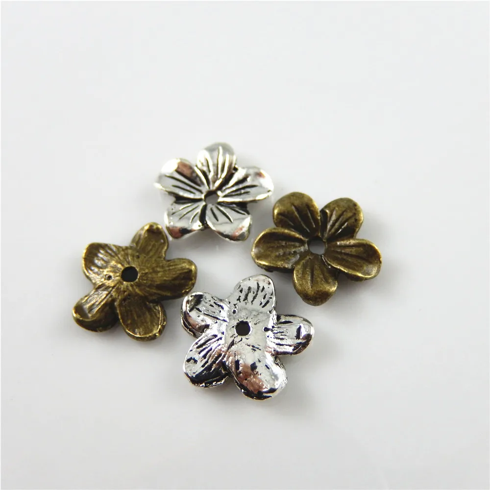 Julie Wang 20PCS Flower Beads Cap Antique Bronze Silver Color Alloy Finding 13*13*2MM Handmade Findings Jewelry Accessory