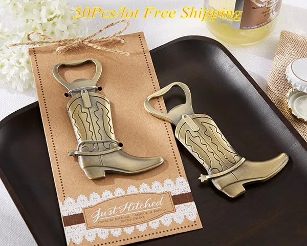 

(50 Pieces/Lot) Wedding door gift "Just Hitched" Cowboy Boot Bottle Opener with Lace Paper card For Wedding and Party Favors