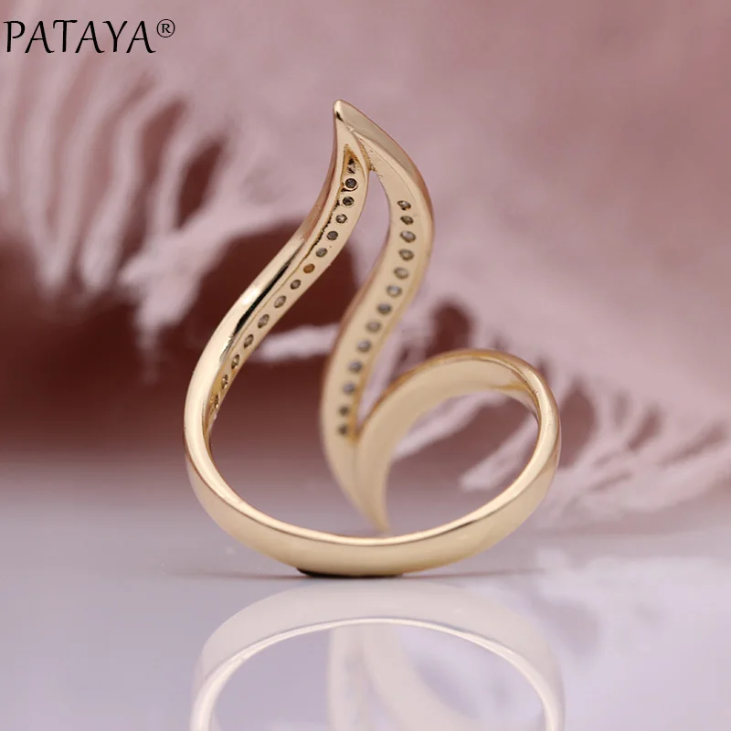 PATAYA New Fine Hyperbole Curve Women Rings Round Micro Wax Inlay Natural Zircon 585 Rose Gold Color Fashion Jewelry Unique Ring