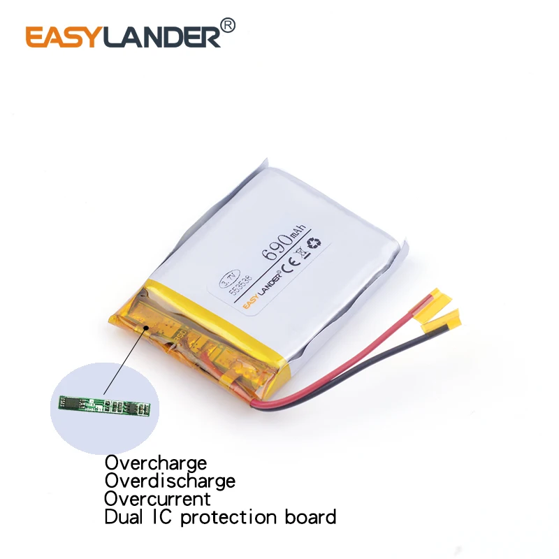 Bateria recarregável do polímero do Li-íon do lítio, 690mAh, 3.7 V, 553538, oradores MP3, DVR, GPS, relógio esperto