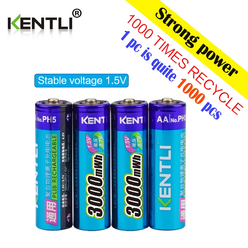 KENTLI 140pcs AA 1.5V 3000mWh  lithium li-ion rechargeable battery + 15PCS 4 Channel  polymer lithium batteries charger