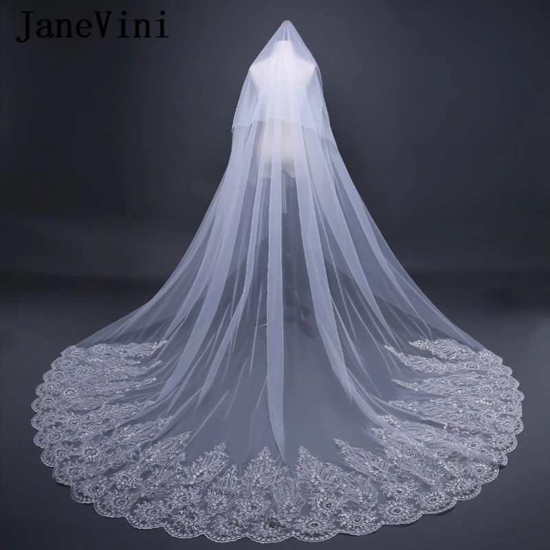 

JaneVini Luxurious Cathedral 3M Long Wedding Veil with Comb Two Layers Beaded Lace Appliques Edge Soft Tulle Wedding Accessories