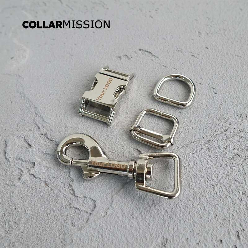 

20sets/lot (metal buckle+adjust buckle+D ring+metal dog clasp/set) provide laser engraving service customize LOGO 15mm 4 colours