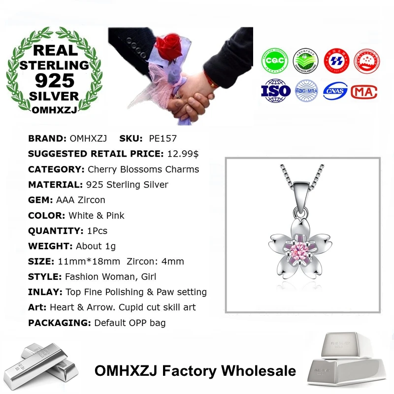 OMHXZJ Wholesale Fashion Lovely Cherry Flower Woman Girl Gift Zircon 925 Sterling Silver Pendant Charms PE157 NO Chain Necklace