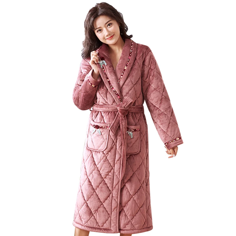 Thick quilted flannel robe long-sleeve women big yards M-3XL coral fleece bathrobes female sleepwear winter pijamas para mujer