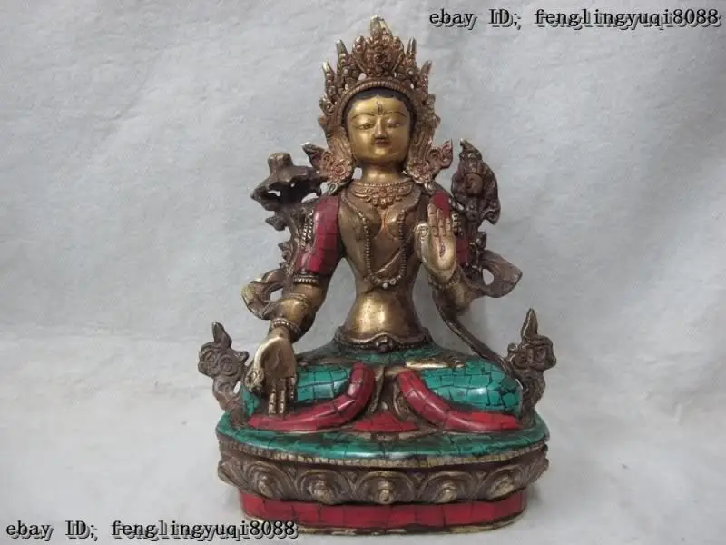 9 Tibet Bronze Gilt inlay coral turquoise gem White Tara GuanYin Goddess Buddha