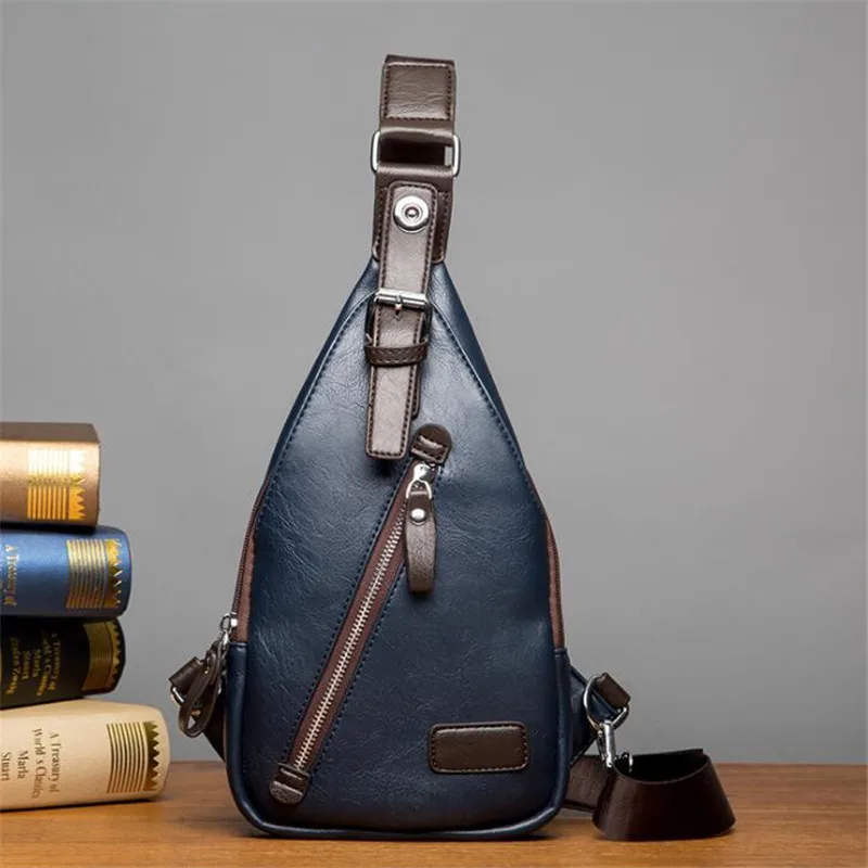 2024 New Anti-thief Crossbody Bag Chest Bag Men Leather Chest Bags Travel Male Sling Bag Black/Blue