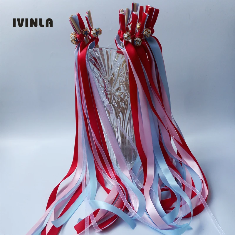 50pcs/lot  Red pink and light  blue wedding ribbon  wands stick  with colorful bell for wedding  party