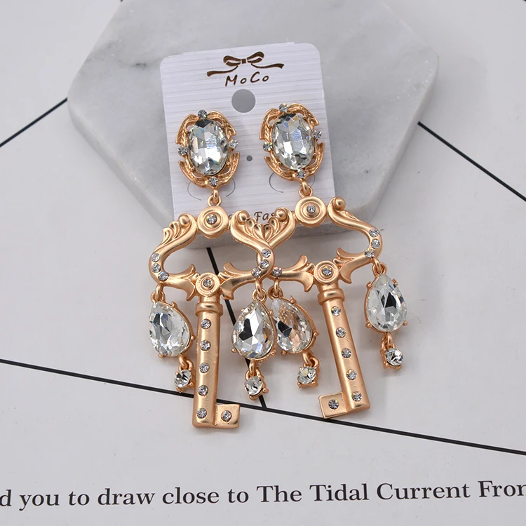 fashion key pendant earrings for women rhinestone drop earring gold color baroque retro Bride Wedding  jewelry