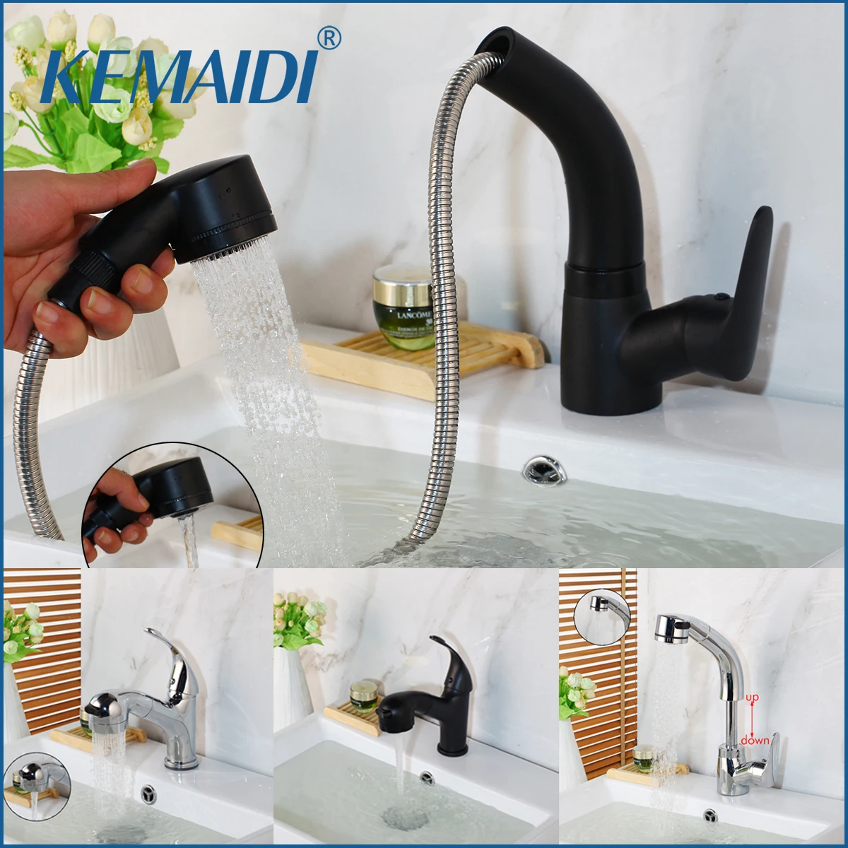 

KEMAIDI Pull Out Solid Brass Stream Spray Spout Black Chrome Brass Deck Mount Tap Kitchen Sink Crane Faucet Mixer Polish Tap