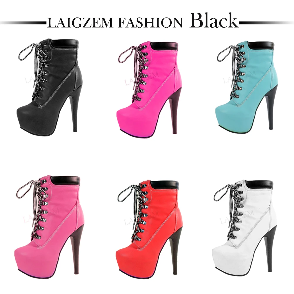 LAIGZEM Platform Women Boots Stiletto Handcrafted High Heels Short Boots Ladies Shoes Woman Botines Mujer Large Size 34-52