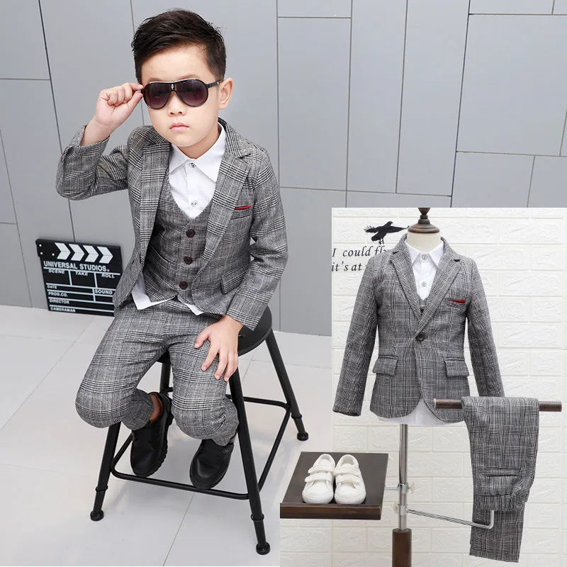 Boys Plaid Formal Wedding Party Suits Children Blazer Vest Pants 3PCS Clothing Sets Kids Performances Dance Dresses Prom Costume