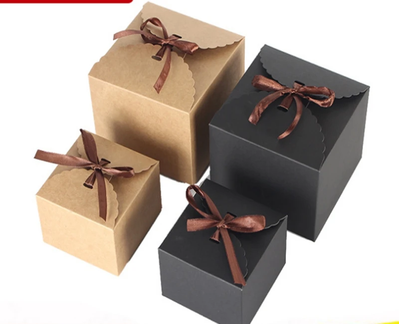 

100pcs/lot Black Brown Kraft Paper Boxes Baking Food Carton Box With bowknot Cookies Gift Boxes Mooncake Chocolate Packaging