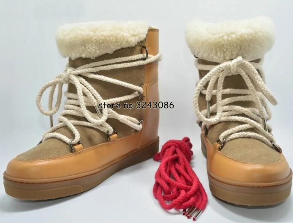 Winter Warm Fur Shearling-Lined Leather Wedge Boots Ankle Snow Boots Two Shoelaces Heel 8cm Women Shoes Casual Shoes Dropship