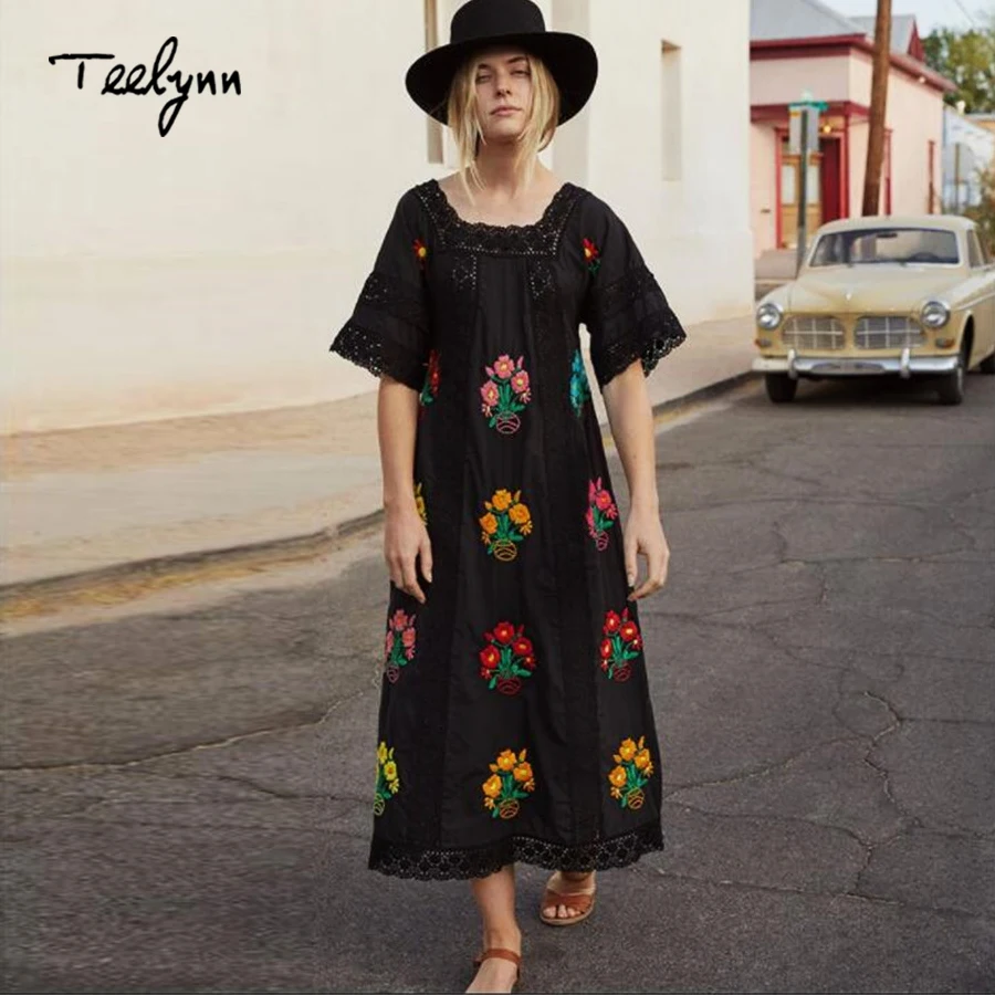 TEELYNN dài Boho Dress 2018 mới Cotton thêu hoa Cổ Vuông Nữ tay ngắn mùa thu áo chia ren nữ váy áo dây