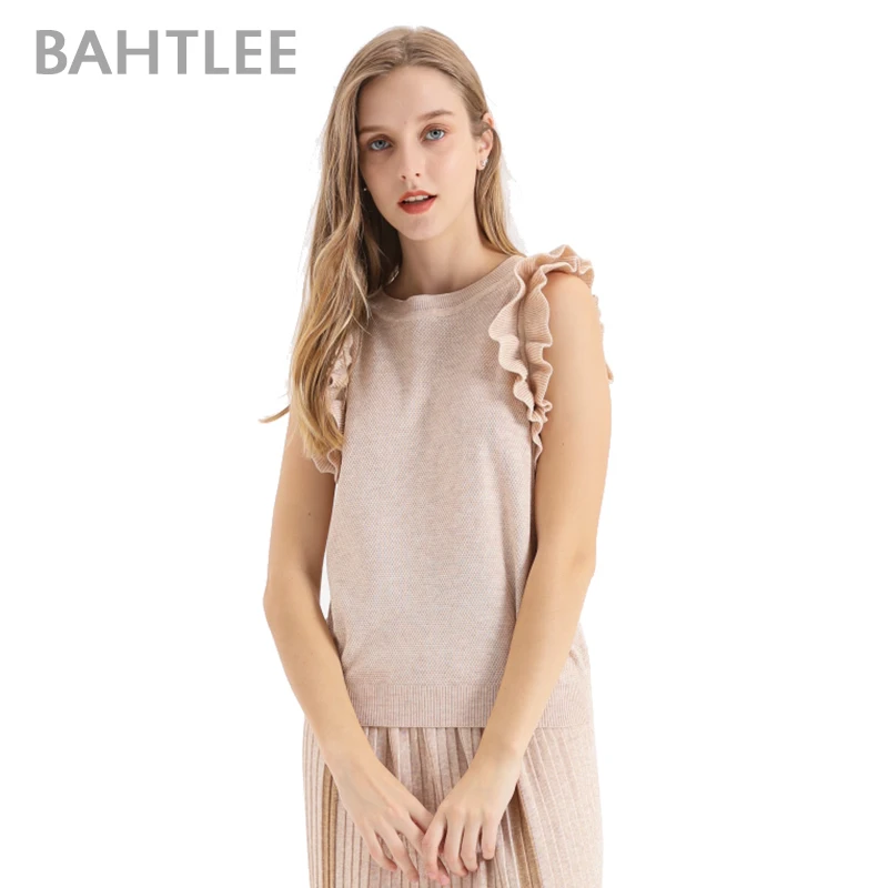 BAHTLEE-Women's Frilled Trim Knitted Slim Fitted Tee, Sleeveless T-Shirt, Elegant Solid O-Neck Sweater, Ruffles, Summer