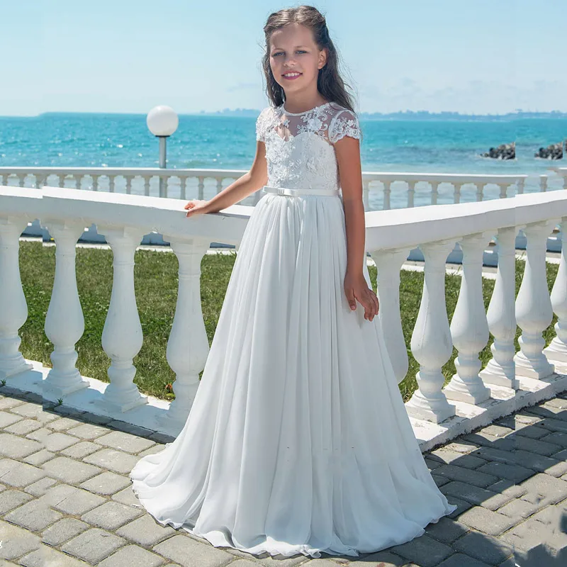 Flower Girl Dresses With Bow Beaded Crystal Lace Up Applique Ball Gown First Communion Dress for Girls Customized Vestidos Longo