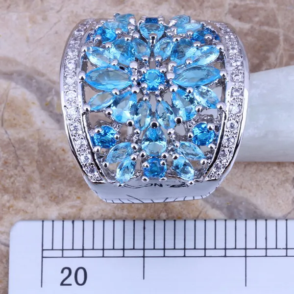 Unique Sky Blue Cubic Zirconia White CZ Silver Plated Ring Size 5 / 6 / 7 / 8 / 9 / 10 S0181