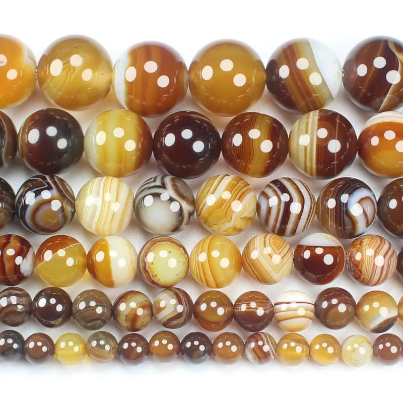 Natural Am-ber-Color Stripe Aga-tes 4-16mm Round Beads 15