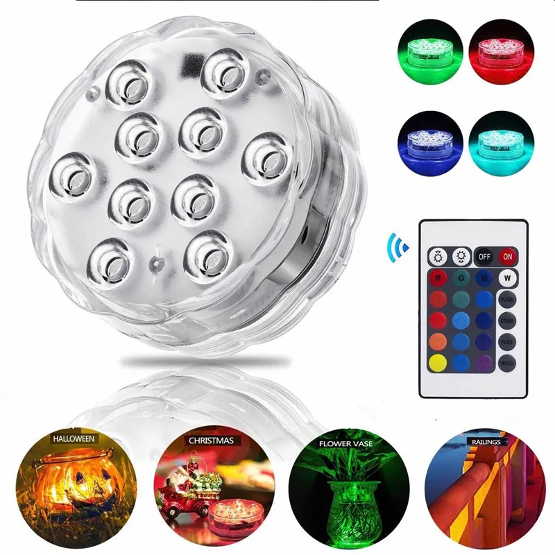 10LED Remote Control RGB Submersible Light LED Underwater Light Battery Power Vase Bowl Garden Party Xmas Decor Lamp Waterproof