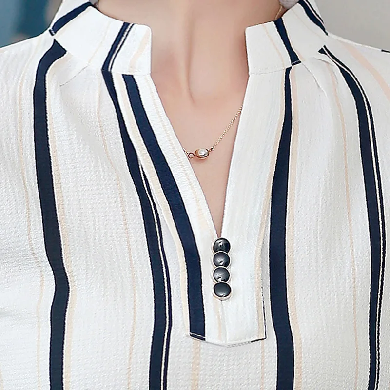 Spring Autumn Chiffon Shirt Women V-collar Striped Casual Blouse Office Ladies Temperament Thin Fashion Plus Size Work Top H9138