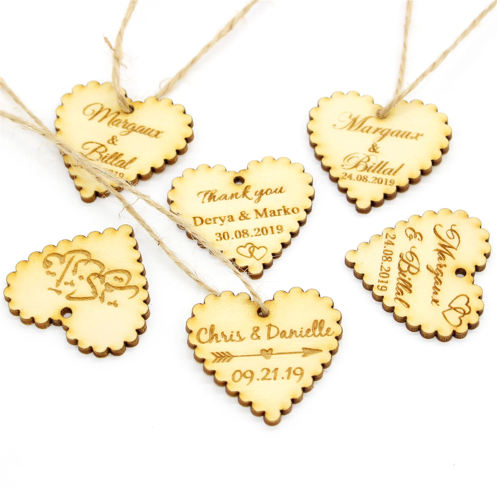 50Pcs Personalized Engraved Wooden Wine Charm, Custom Wood Label Tags, Wedding Heart Gifts Tags, Rustic Bridal Shower Favor Tags